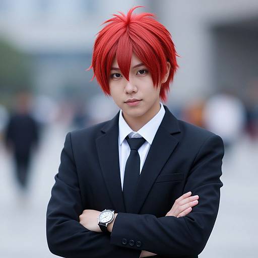 Photograph of an Asian young man with bright red spiky hair, wearing a black suit, white shirt, black tie, and watch, standing with