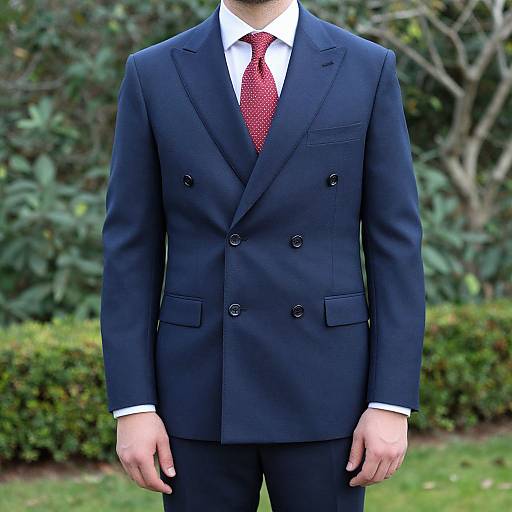 Photograph of a man wearing a navy double-breasted suit, white shirt, and red polka-dot tie, standing outdoors with greenery in the