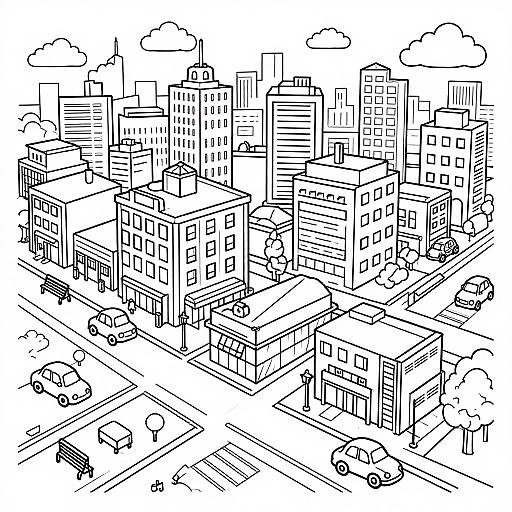 Black-and-white line drawing of a densely packed urban cityscape with numerous skyscrapers, streets, cars, trees, and scattered clouds.
