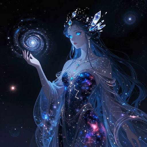 Digital art of a celestial, blue-glowing woman with glowing blue eyes, wearing a star and crystal crown, holding a glowing orb, against a