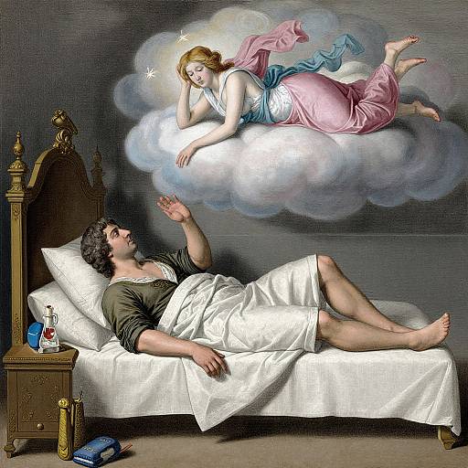 Illustration: A sleeping man with dark hair lies in bed, reaching towards a dreamy woman in a pink and blue gown, floating on a cloud