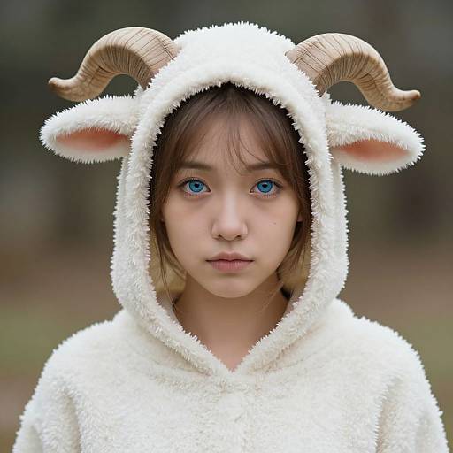 Photograph of a young girl with striking blue eyes, wearing a fluffy white sheep costume with large, curved horns, against a blurred outdoor background.