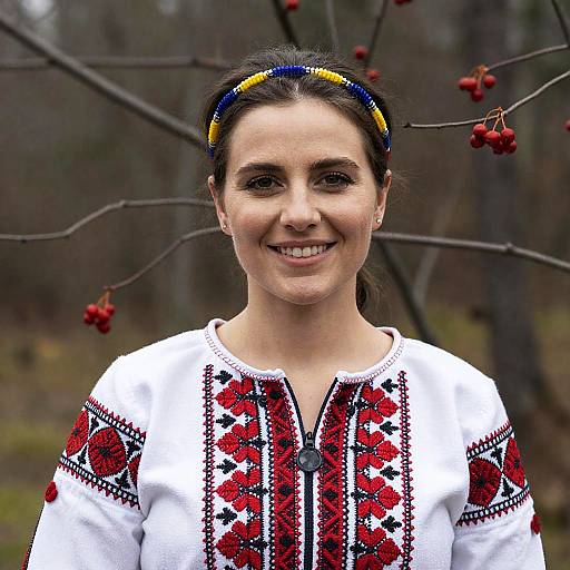 Smiling Woman in Embroidered Blouse and Beaded Headband