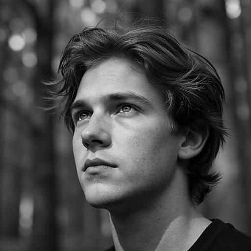 Black-and-white close-up photograph of a young man with tousled hair, gazing upward, blurred forest background, intense expression.
