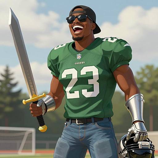 Man in Football Jersey with Sword and Armor