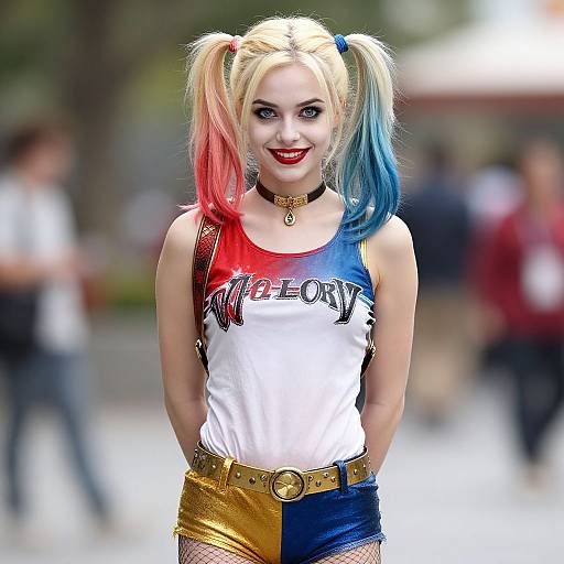 Photograph of a young woman in a Harley Quinn costume, with blonde hair in pink and blue pigtails, red and blue tank top, gold