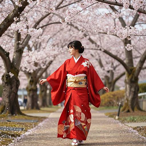 Elegant Red Hakama in Cherry Blossom Garden