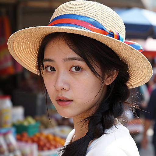 Photograph of an Asian woman with fair skin, black hair in a braid, wearing a straw hat with blue and red ribbon, white shirt,