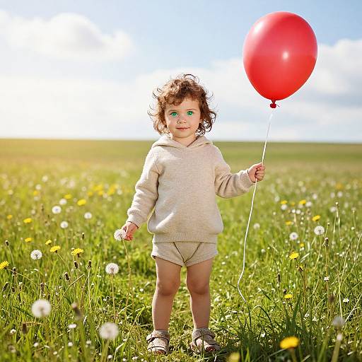 Photograph of a curly-haired toddler in a white sweater and beige shorts holding a red balloon in a sunny meadow.