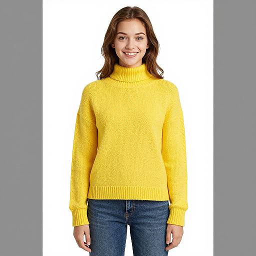 Photograph of a smiling young woman with brown hair, wearing a bright yellow turtleneck sweater and blue jeans, against a white background with gray borders