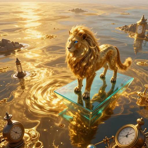 Digital art of a golden lion with a flowing mane standing on a glass block in golden water, surrounded by clocks and lit lanterns at sunset.