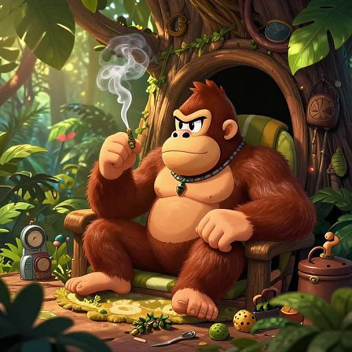 Digitally-drawn cartoon of Donkey Kong smoking a cigar, seated on a wooden chair in a lush jungle, surrounded by toys and snacks.