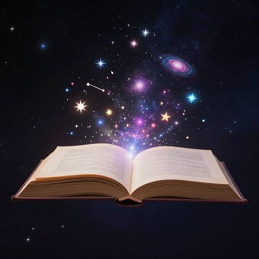 Open book emitting vibrant, colorful stars and galaxies against a dark space background, symbolizing magic and cosmic imagination. Digital illustration.
