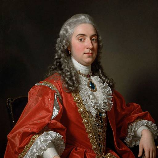 18th-century portrait of a dignified man with powdered gray hair, red velvet robe, white lace, and gold embroidery, set against a dark background