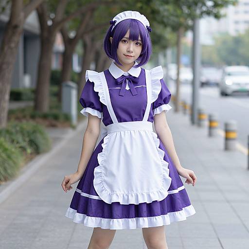 Photograph of an Asian woman with short purple hair, wearing a purple and white French maid outfit, standing on a sunny urban sidewalk with trees and parked