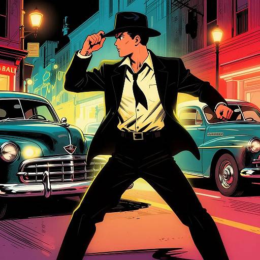 Digital illustration of a confident, stylish man in a black suit, white shirt, and fedora, standing on a vibrant, neon-lit street with