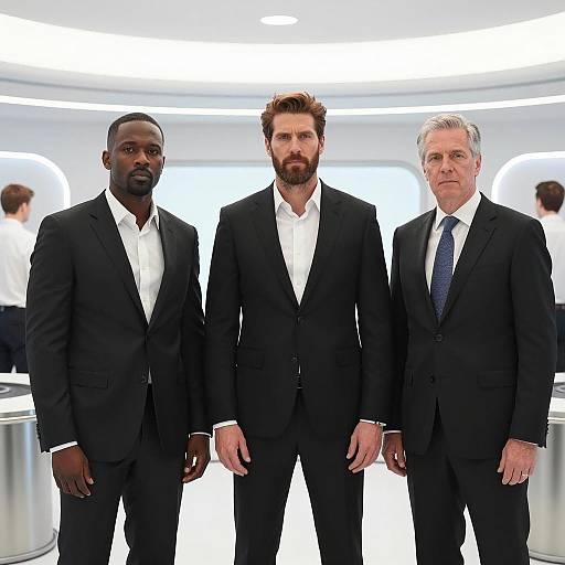 Three Men in Black Suits in Futuristic Setting