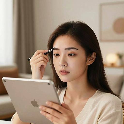 Young Woman Grooming Eyebrows Using Tablet