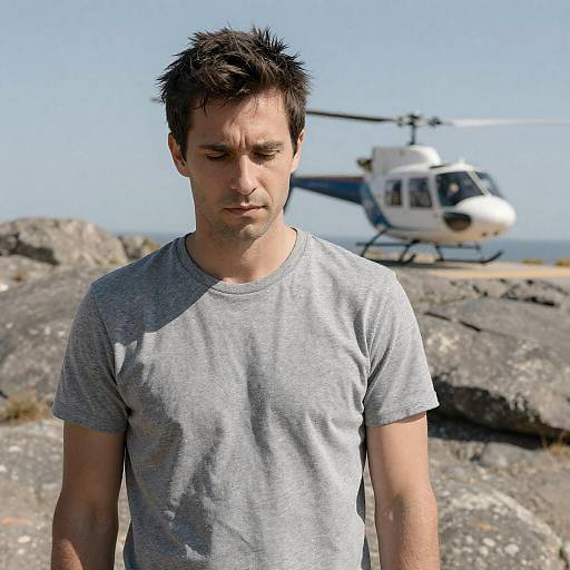 Man in Gray T-Shirt Against Rocky Terrain