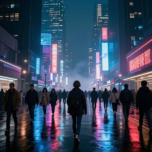 Nighttime photograph of a bustling city street with people walking under colorful neon signs, reflecting on wet pavement, surrounded by tall skyscrapers.