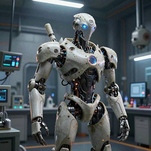Photorealistic CGI of a white, futuristic humanoid robot with glowing blue eyes and joints, standing in a high-tech lab with blurred equipment and illuminated screens