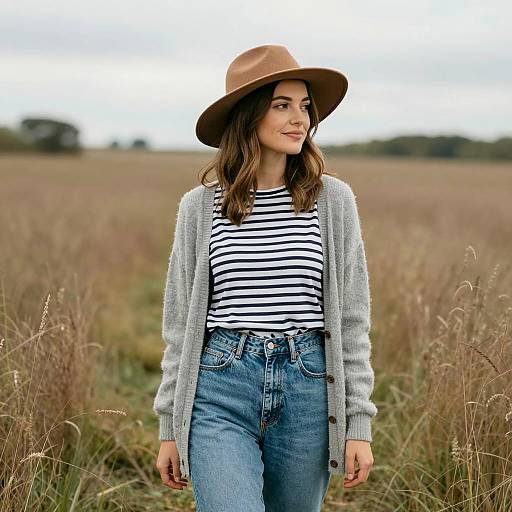 Young Woman in Field Wearing Brown Hat