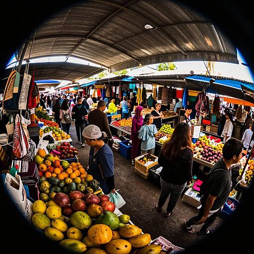 Photograph of a vibrant, bustling outdoor market with colorful fruits, people shopping, and stalls under a curved roof, captured with a fisheye lens