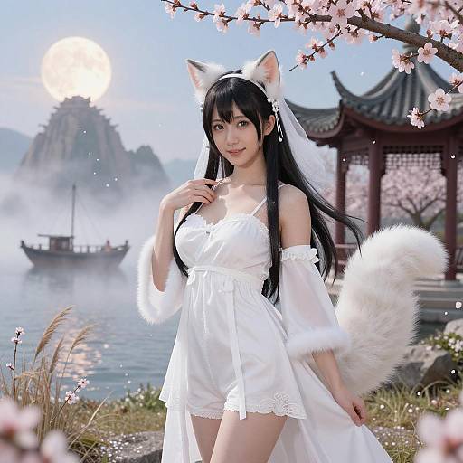 Elegant Cat Girl in Blossom Pavilion