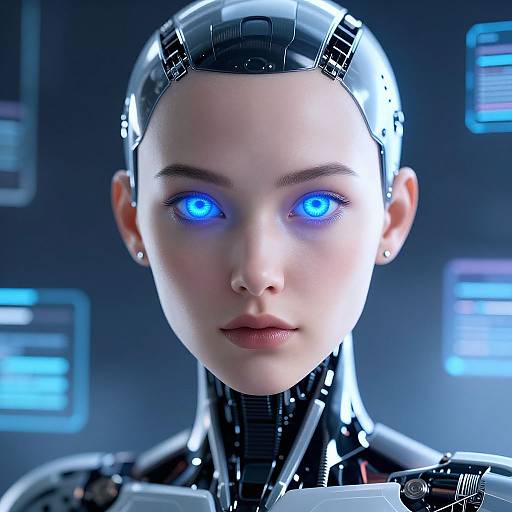CGI image of a female android with glowing blue eyes, sleek metallic head, and cybernetic neck, set against a futuristic blue-lit background