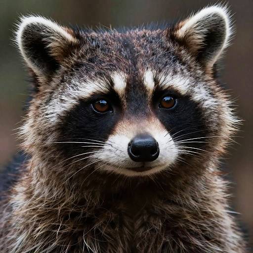 Close-up photograph of a raccoon with dark, fluffy fur, white facial markings, and intense brown eyes, set against a blurred forest background.