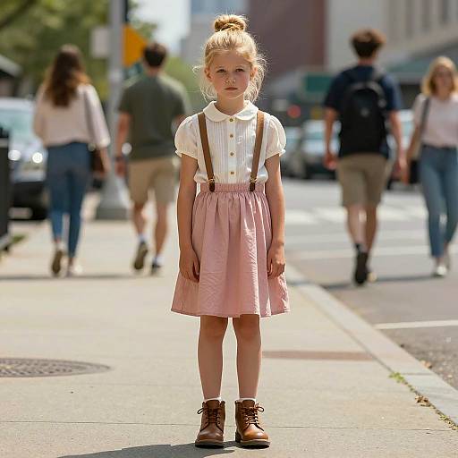 Young girl standing on city sidewalk
