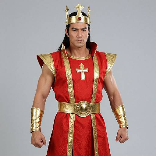 Photograph of a muscular, dark-haired man in a red and gold royal costume with a crown, cross emblem, and gold armlets, standing against