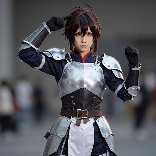 CGI anime-style image of a young woman with short black hair, wearing silver armor, black gloves, and a black shirt, striking a confident pose