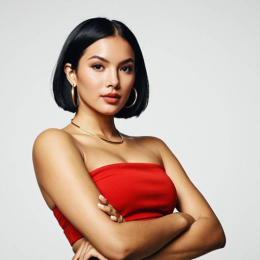 Confident Woman in Red Bandeau Top