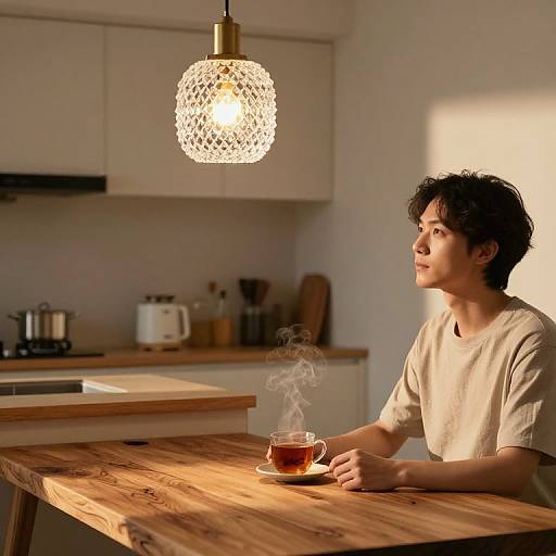 Photograph of a young Asian man with short, curly black hair, wearing a beige t-shirt, sitting at a wooden kitchen island, sipping ste