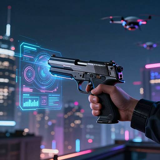 Photograph of a hand holding a silver gun, aiming at a glowing cyber interface in a neon-lit futuristic cityscape with drones overhead.