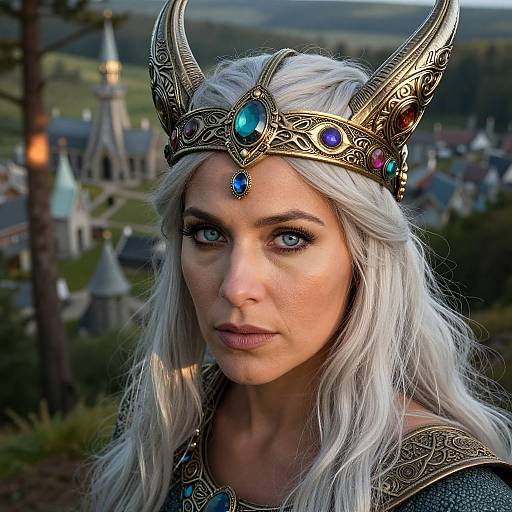 Photorealistic digital portrait of a white-haired woman with blue eyes, wearing an ornate gold crown with blue and red jewels, set against a medieval