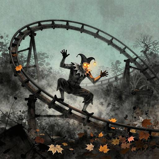 Digital artwork of a silhouette witch with glowing eyes riding a dark, twisted roller coaster amidst fog, autumn leaves, and eerie trees.