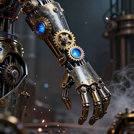 Close-up photograph of a metallic, steampunk-style robotic hand with blue glowing gears and joints, set against a dimly lit industrial background.