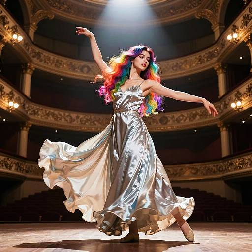 Rainbow Hair Dancer in Silk Gown