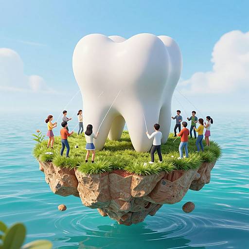 Digital artwork of a giant white tooth floating on a grassy rock island, surrounded by diverse people in colorful clothes fishing and interacting, set against a clear