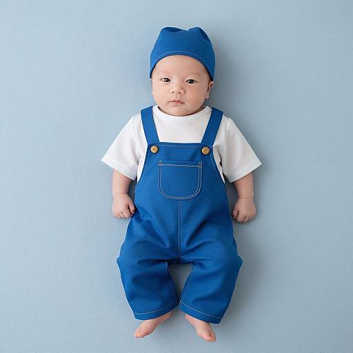 Photograph of a realistic baby doll with light skin, wearing blue denim overalls, white shirt, and blue cap, standing against a light blue background