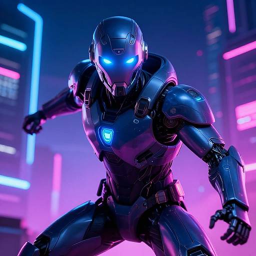 Cybernetic warrior in dark, glossy armor with glowing blue eyes and chest emblem, crouching in a neon-lit, futuristic cityscape