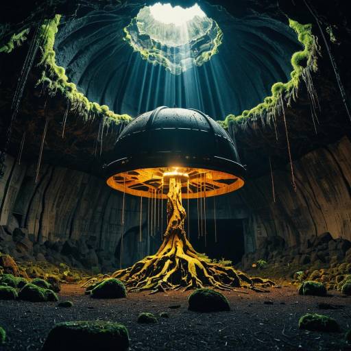 Underground Brutalist Dome with Glowing Fungi and Tree Roots