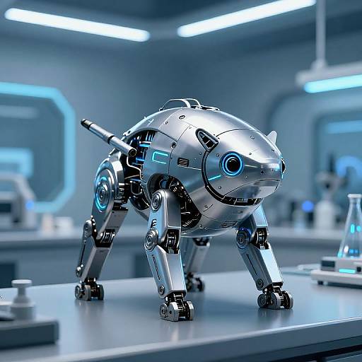 CGI image of a futuristic, metallic, robotic animal with blue neon accents standing on a sleek, industrial laboratory bench.