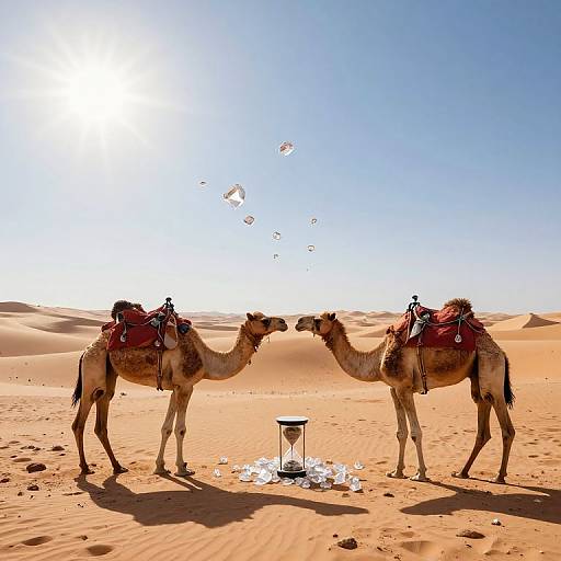 Photograph of two camels in a sunlit desert, head-to-head, drinking from a central water trough with splashing water. Both camels