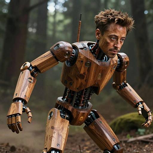 Photorealistic CGI of a wooden, humanoid robot with spiky hair, antennae, and black joints, crouching in a forest.