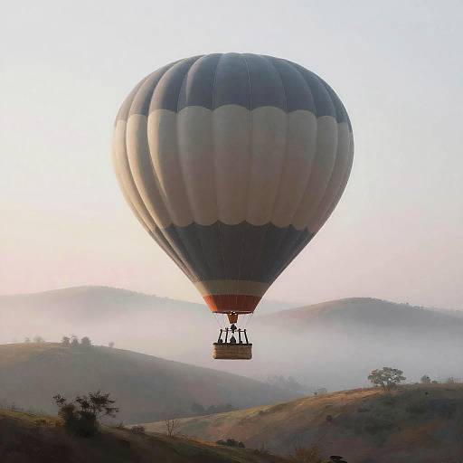 Photograph of a large, striped hot air balloon with two people in a wicker basket, floating over misty, rolling hills at sunrise.
