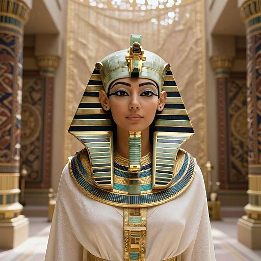 Digital artwork of an Egyptian queen with a striped nemes headdress, gold and turquoise collar, white robe, in a sunlit temple.