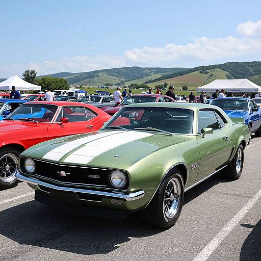 Photograph of a green 1969 Dodge Charger with white stripes, parked in a sunny outdoor car show, surrounded by other colorful vintage cars and white